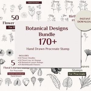 Könnte beinhalten: Ein digitales Download-Bundle mit botanischen Designs, darunter über 170 handgezeichnete Procreate-Stempel. Das Bild zeigt verschiedene Blumen-Doodles, Strichzeichnungen, botanische Blätter und Geburtsmonatsblumen. Enthält den Text "Instant Download".