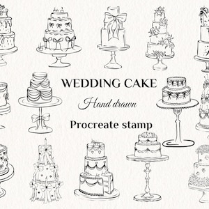 May include: A collection of hand-drawn wedding cake illustrations in black and white. The image includes various cake designs, each on a decorative cake stand. Text reads "WEDDING CAKE Hand drawn Procreate stamp."