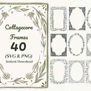 40 cadres floraux cottagecore (SVG et PNG), bordures botaniques dessinées à la main, clipart vintage, scrapbooking, invitations, téléchargement numérique