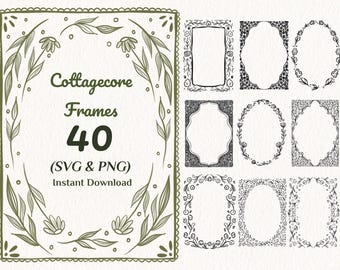 40 Cottagecore Floral Frames SVG PNG, Hand Drawn Botanical Borders, Vintage Clipart, Scrapbooking, Invitations, Digital Download