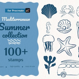 May include: A blue graphic featuring a collection of summer-themed stamps for Procreate. The design includes illustrations of seashells, a crab, a seahorse, a jellyfish, a starfish, and a beach van. Text reads "Mediterranean Summer collection 100+ stamps".