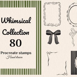 Peut inclure: Collection de tampons numériques avec cadres, nœuds et éléments décoratifs. Le texte "Whimsical Collection 80" est affiché, ainsi que "Procreate stamps Hand drawn". Le design présente un fond crème avec des bordures rayées vertes et blanches.