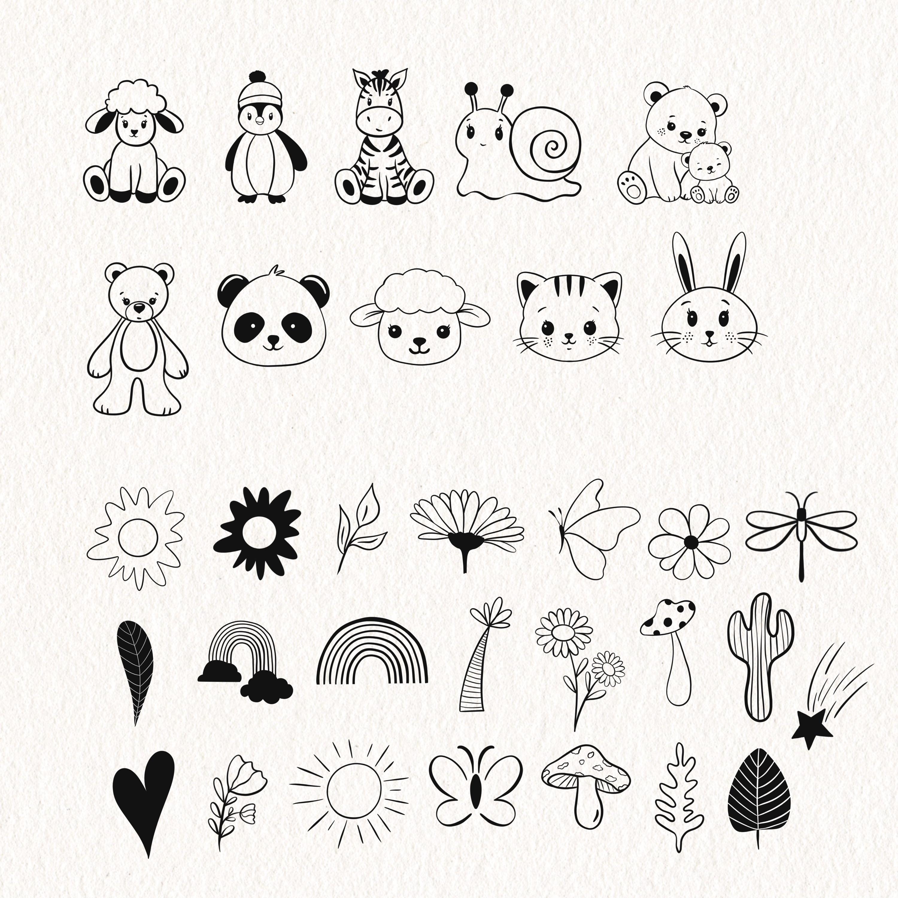70 Doodle Animals SVG PNG Bundle, Cute Kawaii Animal Clipart, Baby ...