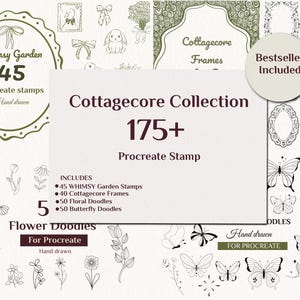 May include: Digital Procreate stamp collection, "Cottagecore Collection", featuring over 175 designs. Includes whimsical garden stamps, frames, floral and butterfly doodles. The image displays hand-drawn illustrations and the text "Bestseller Included."