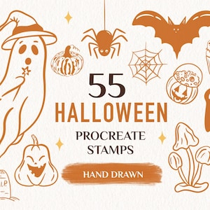 May include: A collection of orange Halloween-themed digital illustrations including a ghost in a witch hat, a spider, a bat, a pumpkin, a cupcake, a cat, mushrooms, and a tombstone with the text 55 HALLOWEEN PROCREATE STAMPS HAND DRAWN.