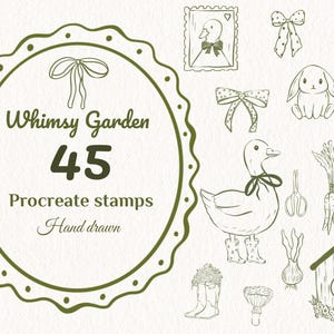 Whimsy Garden - 45 Cottagecore Procreate Stamps, Digital Download, Hand Drawn Garden Brushset, Cute Bunny & Duck Clipart, Digital Download