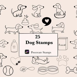 Puede incluir: Un conjunto de 25 sellos de perros en blanco y negro. La imagen incluye varias poses de perros, un corazón, huellas de patas, un hueso, una pelota y una bolsa de comida. El texto dice "25 Dog Stamps" y "Procreate Stamps".
