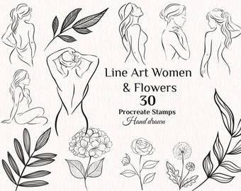30 Line Art Women & Flowers Procreate Stamp Set, Feminine Minimal Line Art, Floral Woman Illustration, Hand drawn Stamp, Digital download
