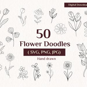 Può includere: Una collezione di 50 scarabocchi di fiori disegnati a mano in bianco e nero. L'immagine include vari disegni floreali, come tulipani e margherite. Il testo sull'immagine recita "50 Flower Doodles (SVG, PNG, JPG)" e "Hand drawn."