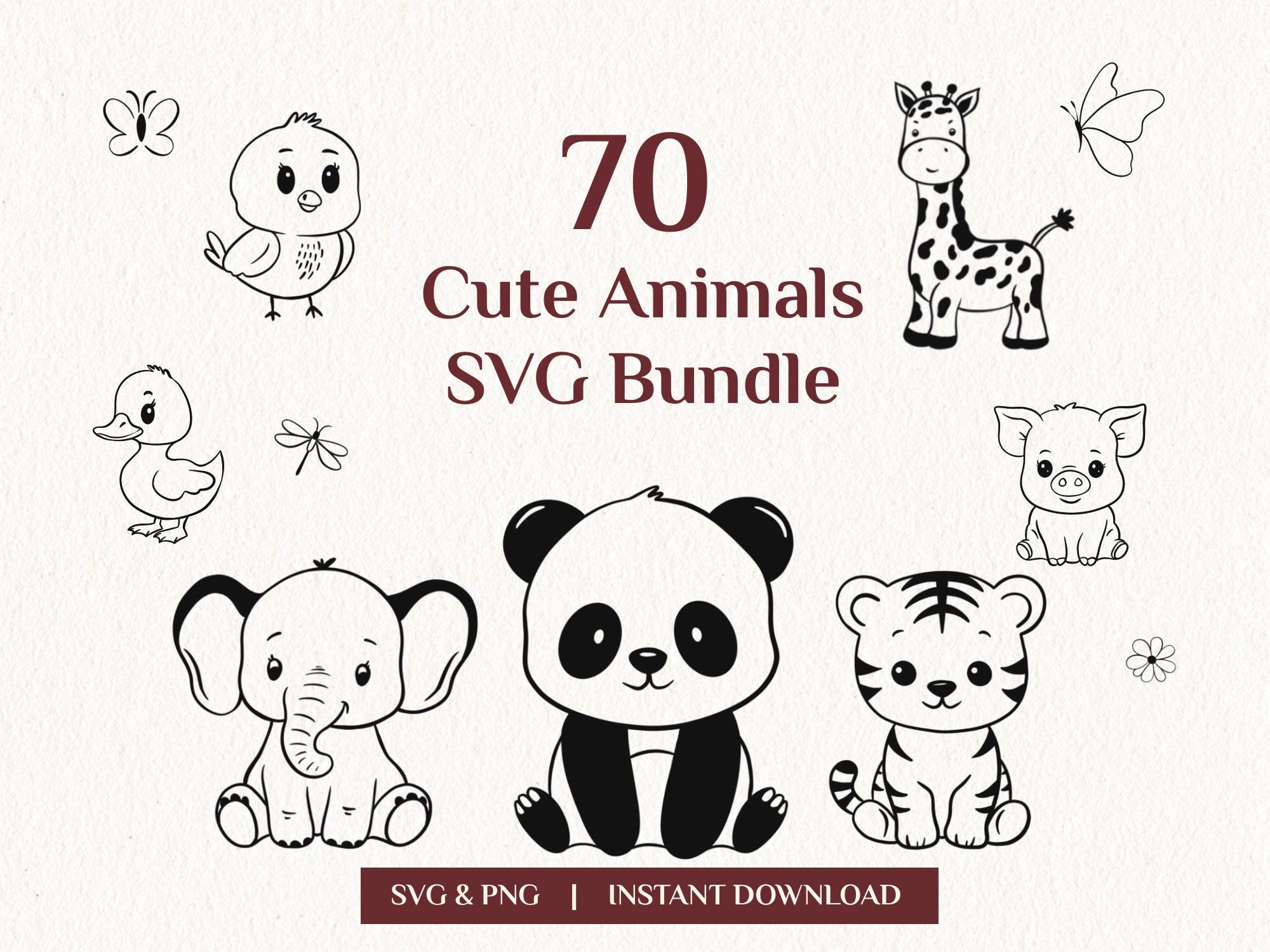 70 Doodle Animals SVG PNG Bundle, Cute Kawaii Animal Clipart, Baby ...