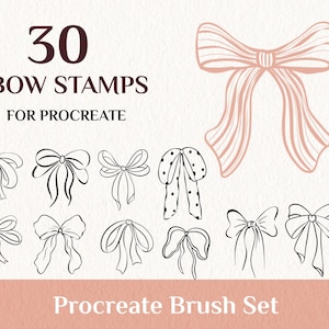 Pode incluir: Conjunto de pincéis digitais Procreate com 30 carimbos de laço. A imagem mostra vários designs de laço em arte de linha preta, com um laço em rosa suave. O texto diz "30 BOW STAMPS FOR PROCREATE" e "Procreate Brush Set."