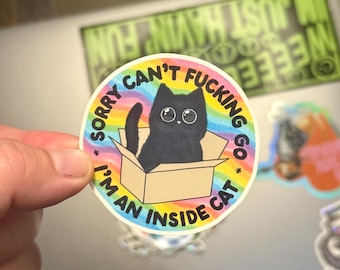 May include: A round sticker featuring a black cat inside a cardboard box, with the text "SORRY CAN'T FUCKING GO I'M AN INSIDE CAT" in a rainbow-colored border. The sticker is held by a hand.