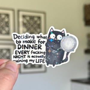 May include: A sticker featuring a black cat holding a frying pan. The cat has star-shaped accents and the text "Deciding what to make for DINNER EVERY fucking NIGHT is actually ruining my LIFE."