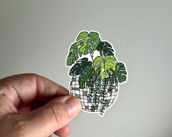 ディスコボールのモンステラのホログラフィック植物ステッカー、Bookish、Booktok、読書家、ノートパソコン、ウォーターボトル