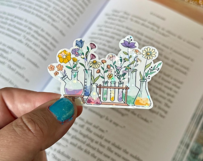 Flowers in Lab Equipment Sticker | Bookish, Beaker, Flask, Test Tube, Biology, Scientist | Gift iPad, E-reader, Kindle, Laptop