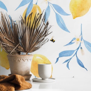 Papel tapiz de limones y abejas, decoración de pared con frutas cítricas, papel tapiz despegable y adhesivo o tradicional para interiores de casas de campo modernas