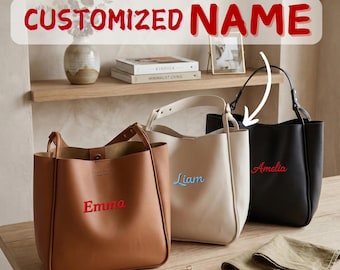 Personalized Faux Leather Tote Bag: Custom Embroidered Shoulder Bag