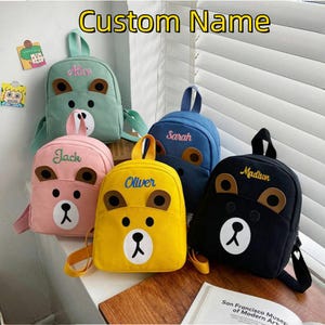 Mochilas de lona para niños de guardería, mochilas escolares con diseño de oso, personalizadas con nombre, bolsas de dibujos animados para niños, mochilas ligeras para niños en edad preescolar