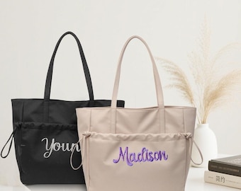 Personalized Nylon Tote Bag: Embroidered Name, Customizable Shoulder Bag