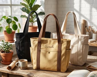 Custom Embroidered Canvas Tote Bag, Zippered Multi-Pocket Monogram Bag