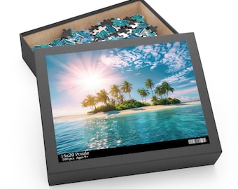 Rompecabezas de isla tropical, arte playero, caja lista para regalar