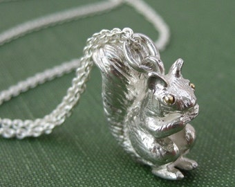 Squirrel Pendant Charm 18k Gold Eyes Sterling Silver