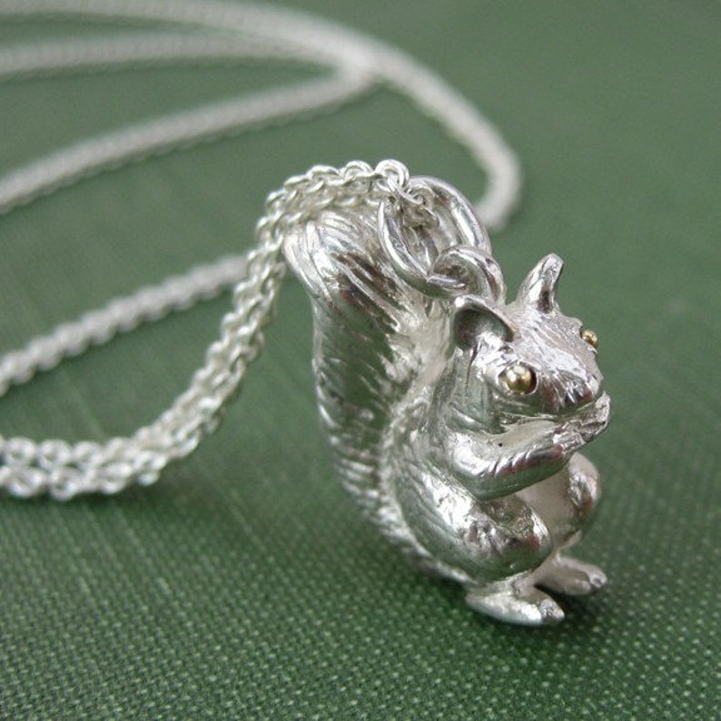 Squirrel Pendant Charm 18k Gold Eyes Sterling Silver image 1