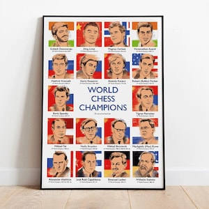 Poster World Chess Champions 1886–2024 – from Steinitz to Gukesh – Artistic Illustration – DIN A1, A2, A3, A4 – High-Quality Glossy Print