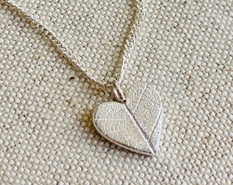 Silver Heart Necklace, Leaf Print Texture, Mini Heart Pendant on Sterling Silver Chain, Nature Inspired Handmade Jewellery UK, Silver Heart