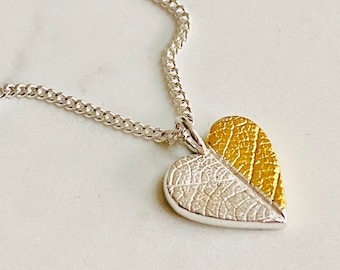 Gold & Silver Heart Necklace, Leaf Print Texture, on Sterling Silver Chain, Silver and Keum Boo Heart Pendant, Two Tone, Nature Inspired