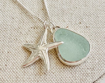 Coastal Sea Glass Necklace, Silver Starfish Pendant, Sterling Silver Curb Chain, Seaglass Necklace, Coastal Jewellery, 3 in 1 Necklace