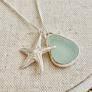 Coastal Sea Glass Necklace, Silver Starfish Pendant, Sterling Silver Curb Chain, Seaglass Necklace, Coastal Jewellery, 3 in 1 Necklace