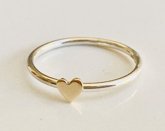 Sterling Silver & 9ct Gold Mini Heart Stacking Ring,