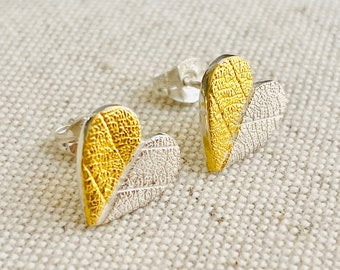 Gold & Silver Heart Earstuds, Leaf Texture, Heart Earrings, Silver Heart Studs, Two Tone Heart Ear Studs, Nature Inspired Jewellery