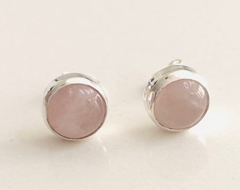 Rose Quartz Round Bezel Set Stud Earrings, Rose Quartz Jewellery, Pink Semi-precious Earrings