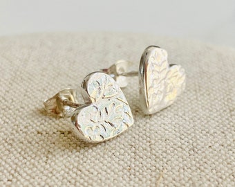 Silver Heart Stud Earrings, Floral Texture, Heart Earrings, Silver Heart Studs, Silver Heart Earstuds, Nature Inspired Jewellery