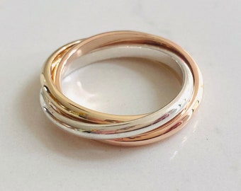 9ct Gold & Silver Interlocking Wedding Ring, Yellow Gold, Rose Gold, Sterling Silver Tri Band Entwined Ring