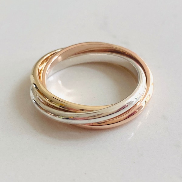 9ct Gold & Silver Interlocking Wedding Ring, Yellow Gold, Rose Gold, Sterling Silver Tri Band Entwined Ring