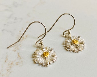 Dainty Daisy Earrings, Silver Daisy Earrings, Sterling Silver & Gold Keum Boo, Pretty Floral Dangle Earrings, Silver Flower Earwires