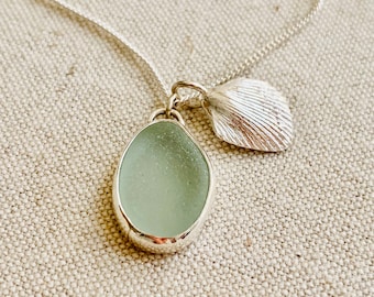 Silver Sea Glass Necklace with Cockle Shell Pendant, Beach Glass Pebble, Blue Seaglass and Shell Necklace, Sterling Silver Chain