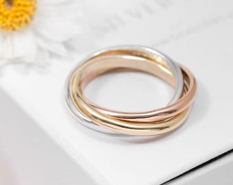 Tri-Colour Russian Wedding Ring | 9ct Yellow & Rose Gold + Sterling Silver | Handmade Interlocking Trinity Ring UK | Hallmarked Gift for Her