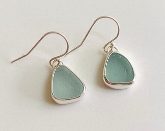 Seaglass Earrings, Aquamarine blue sea glass drop earrings, Beach glass and silver dangle earrings