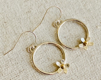 Silver Daisy Hoop Earrings, Silver Dangly Earrings, Feminine Floral Earrings