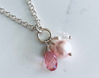 SALE 50% OFF - Pink Swarovski Crystal and Glass Pearl Pendant on Sterling Silver Chain