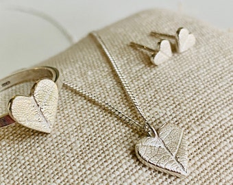 Silver Heart Jewellery Gift Set, Textured Leaf Print Heart Necklace, Earrings & Ring Presentation Jewellery Gift Box Set, Handmade in the UK