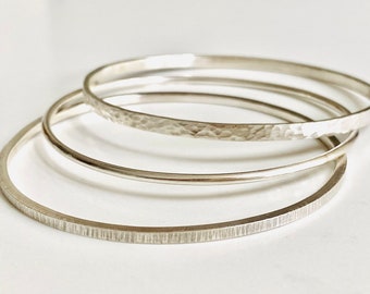 Silver Stacking Bangles, Trio of Textured Silver Bangles, Silver Hammered Bangle, Handmade in UK