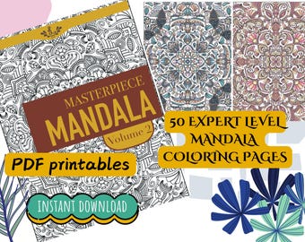Op de afbeelding: Een digitale download van 50 printbare mandala kleurplaten. De pagina's zijn voor experts en hebben ingewikkelde ontwerpen. De omslag afbeelding toont een zwart-wit mandala met de tekst "Masterpiece Mandala Volume 2" en "PDF printables Direct downloaden".