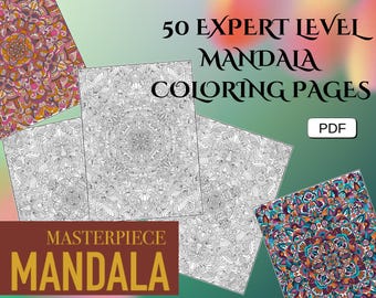 Op de afbeelding: 50 Mandala kleurplaten voor experts PDF. Een verzameling van ingewikkelde mandala-ontwerpen om in te kleuren. De afbeelding toont een voorbeeld van de ontwerpen, die zwart-wit zijn en gedetailleerde patronen bevatten.
