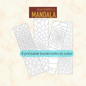 Può includere: Quattro segnalibri stampabili in bianco e nero con intricati disegni floreali e geometrici. I segnalibri sono progettati per essere colorati. Il testo "MASTERPIECE MANDALA" è in alto e "4 printable bookmarks to color" in basso.