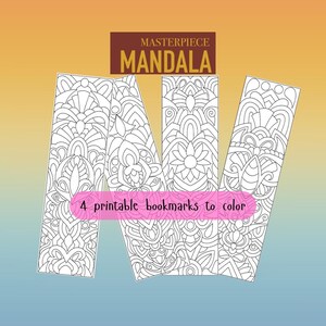 Può includere: Quattro segnalibri mandala stampabili con intricati disegni in bianco e nero. I segnalibri sono rettangolari con la parte superiore arrotondata. Il testo "Masterpiece Mandala" è sopra i segnalibri e "4 segnalibri stampabili da colorare" sotto.